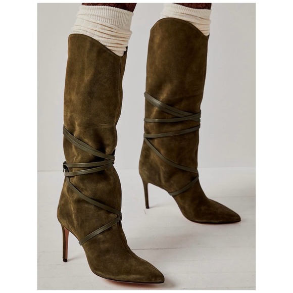 Free People Shutz Maryana Lace Up Suede Boots Suze 6.5 New Green - Picture 1 of 8